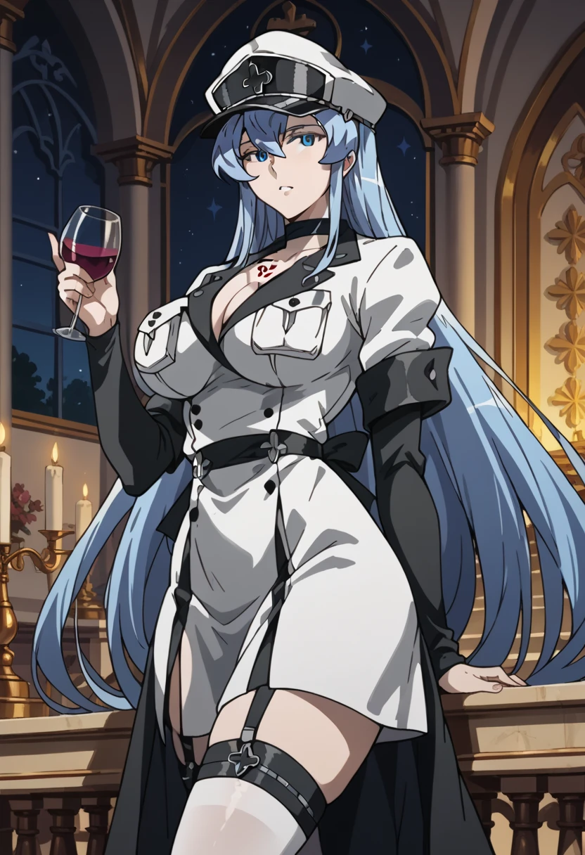 <lora:Ishtar_FE:1> ishtar fe, solo, sitting, high bar seat, bar counter, holding drink, long hair, cleavage, side slit, shoulder armor, dress, cape, ponytail, thighhighs, elbow gloves, jewelry, earrings, side view,
medieval, indoors, bar, window, medieval village, nighttime,