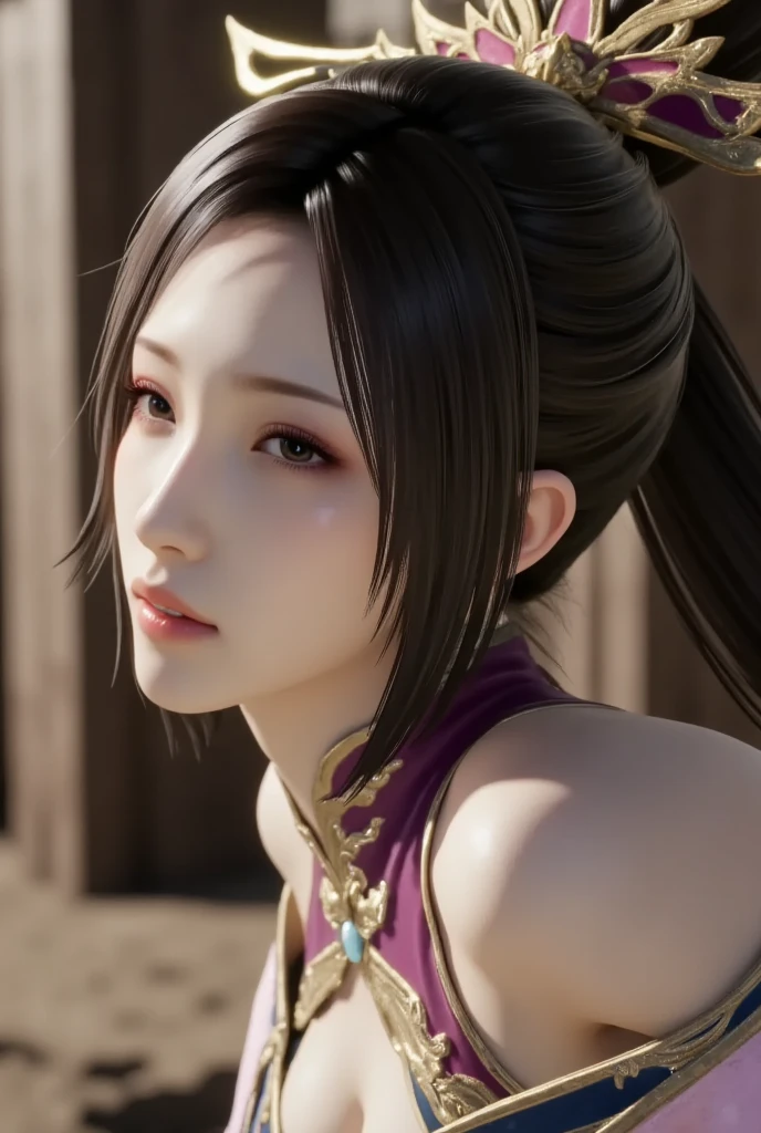 One person, solo, Long Hair, chest, Black Hair, Brown eyes、とてもLong Hair, Closed eyes, tears, Parted bangs, Two braids hanging down on either side, Tentacle hair, chest, Purple eyes, Mole at the corner of the mouth, Background blur, Ukiyo-e, 8k octane, 3D Rendering,