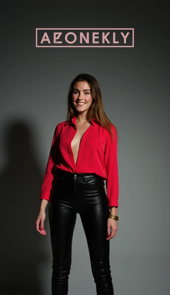 Alicia Vikander dressed in a tight shirt and leggings holding a bag with bright red lipstick smiling