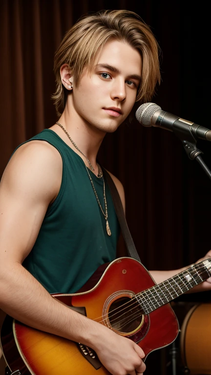 an Attractive young twink, playing electric guitar on stage, shirtless, long messy hair,
skin texture, skin ,details, natural light, sharp focus, cinematic, crystal clear, intricate detail
 Wide shot View, Realistic Lighting, 
RAW photo, (high detailed skin:1.2), 8k uhd, dslr, soft lighting, high quality, film grain, Arri Alexa,
(analog style:1.6)