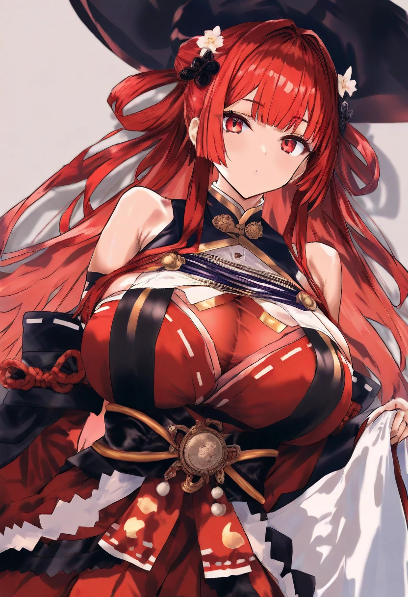 Anime girl with red hair and black and white clothes flying in the sky, tits, Rias Gremory, mika kurai demon, thick, sfw version, Onmyoji, ayaka genshin impact, Also, Cinnabar, tits proportions, Bloodstained, High resolution consignment, The fox and the bush, Onmyoji detailed art