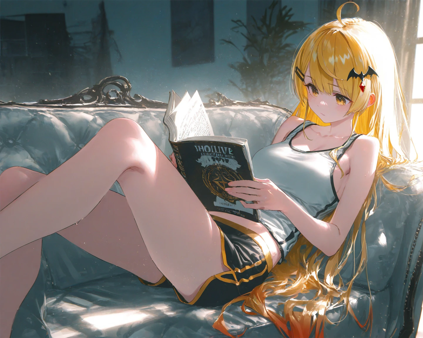 (masterpiece, best quality, absurdres, keyvisual, caustics, cinematic lighting, dynamic composition), books, bedroom scenery, bed, full body, nightie, looking at viewer, ((girl blonde))