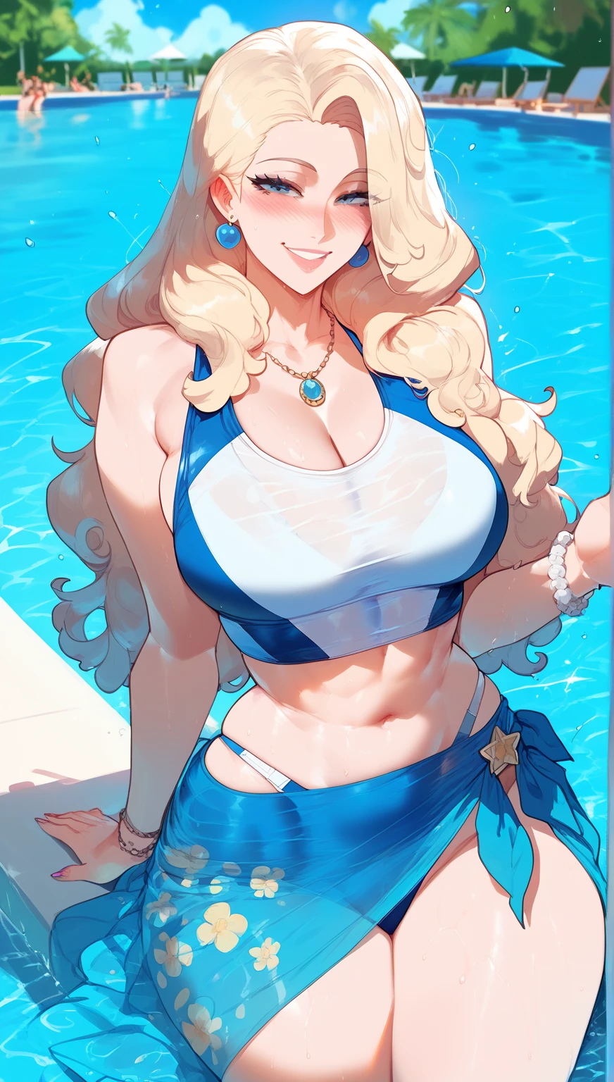 a seductive sweaty woman with neon-Blue and black bikini lying dancing on beach, sports-bra bikini, she is smiling, blue eyes, blonde curly hair, long curly hair, lying, dancing, night sky, ponytail, neon-blue and black bikini, sweaty body