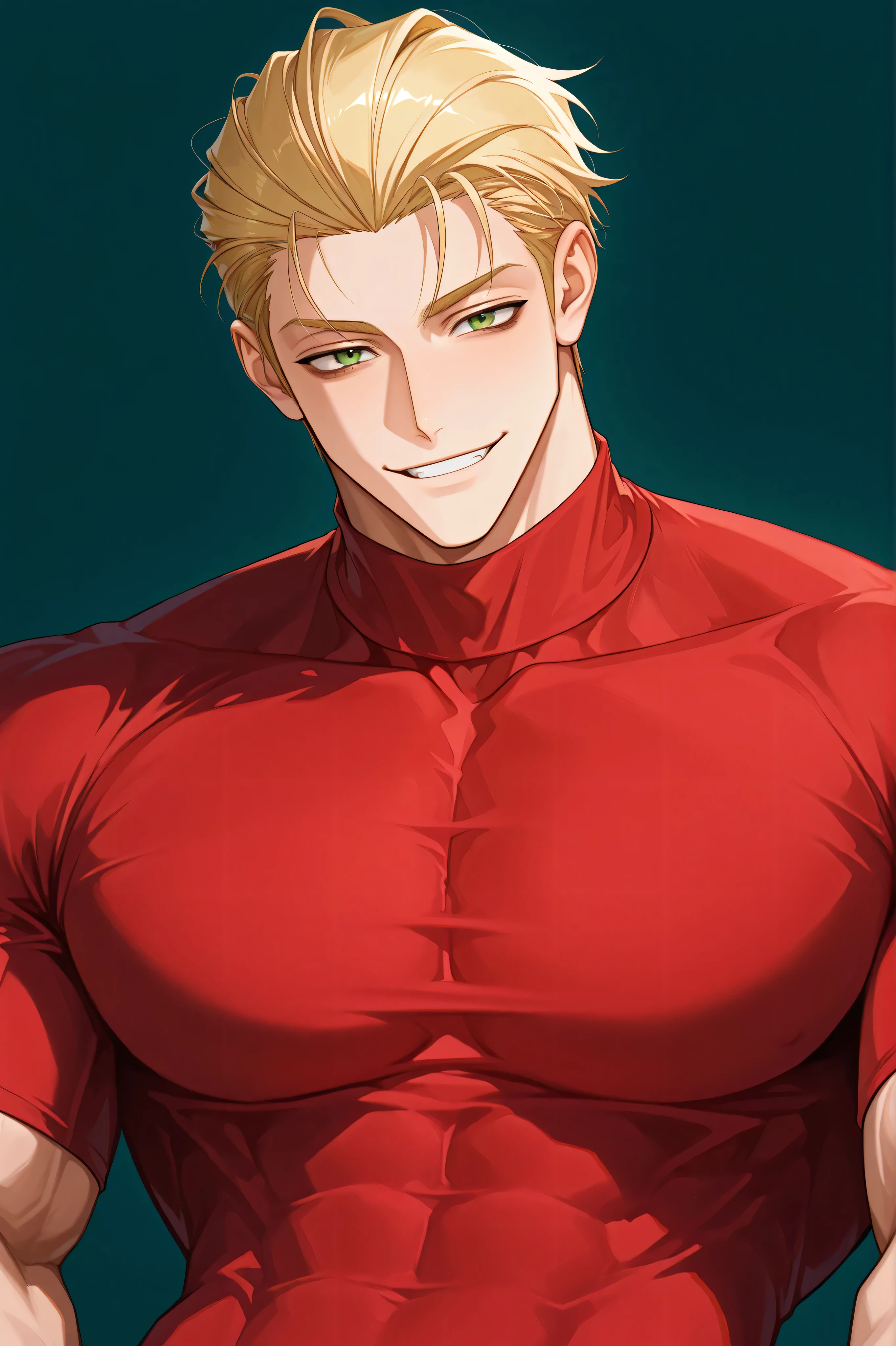 One male , handsome , heavily muscular , bulky body , broad chest , thick arms , short hair , blonde hair , slicked-back hairstyle , keen eyes , green eyes , dark circles under the eyes , playful smile , playful face , red turtleneck shirt , simple background, looking down at viewer , full torso angle