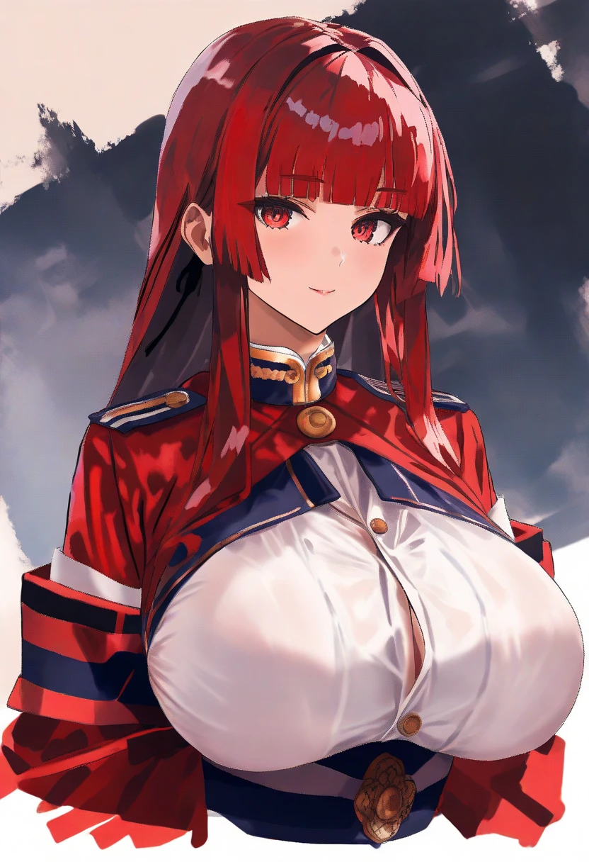 My name is Hikaru, I am a white test doll with long red hair and black eyes. I am 1.60 cm tall and weigh 56 kg. My breast sizes are 300 cm, my waist is 60 cm and my hips are 200 cm. Dressed in a long blue jacket and a garter belt along with a black thong. With big breasts 310 cm .