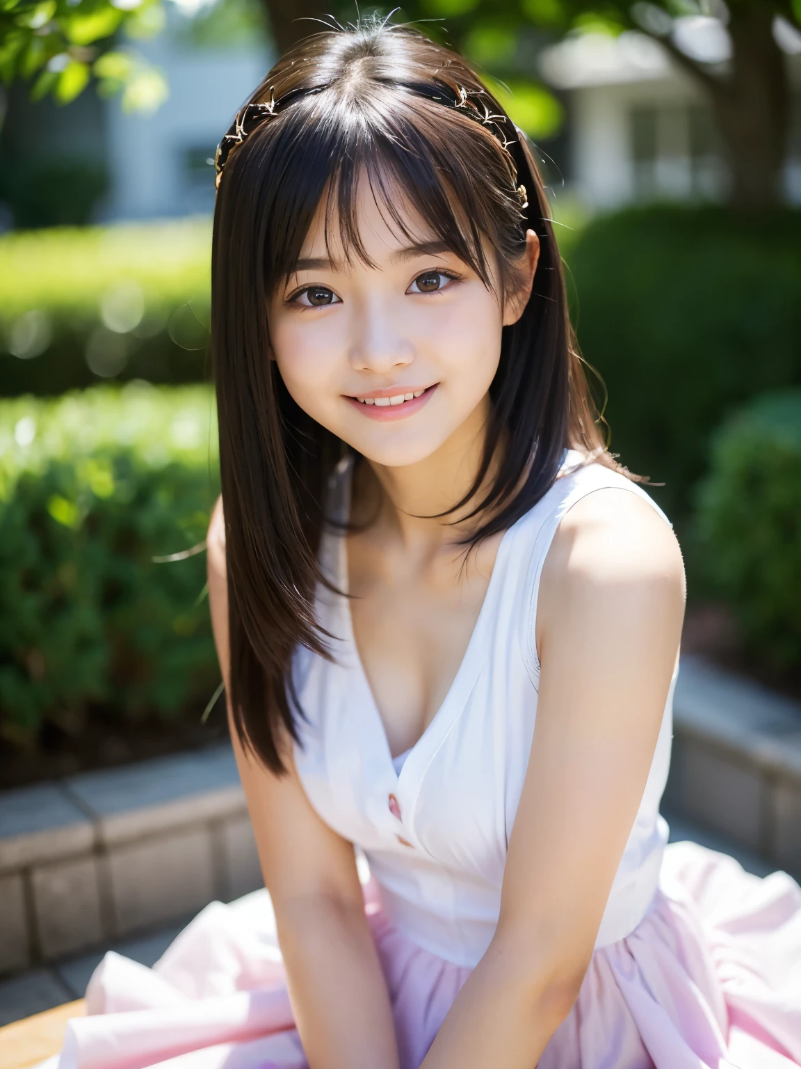 8 year old girl, , black hair, Japanese, (masterpiece:1.3)、1 person, Super detailed finish、(High resolution、8K:1.3)、(highest quality、Ultra-realistic as a photo:1.5)、sharp focus, 超High resolutionの顔、the face is in focus、Ultra high definition and beautiful eyes, very cute、very cute, smile、blush:1.3, embarrassing:1.3、stare at the camera:1.2, white dress, soft light, slender, flat chest, sitting, open legs