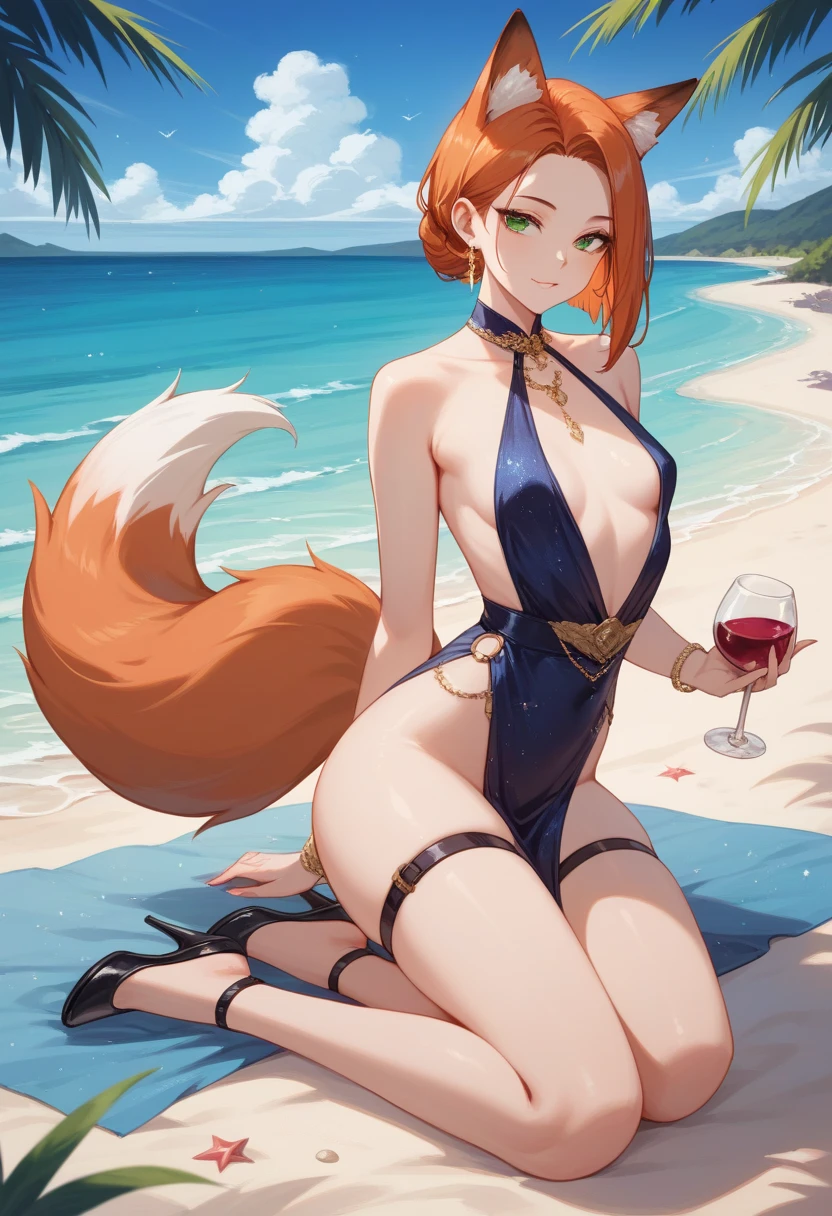 An orange haired woman with copper eyes with an hourglass figure with orange fox ears and an orange fox tail wearing a one piece swimsuit is holding a beach ball at the beach