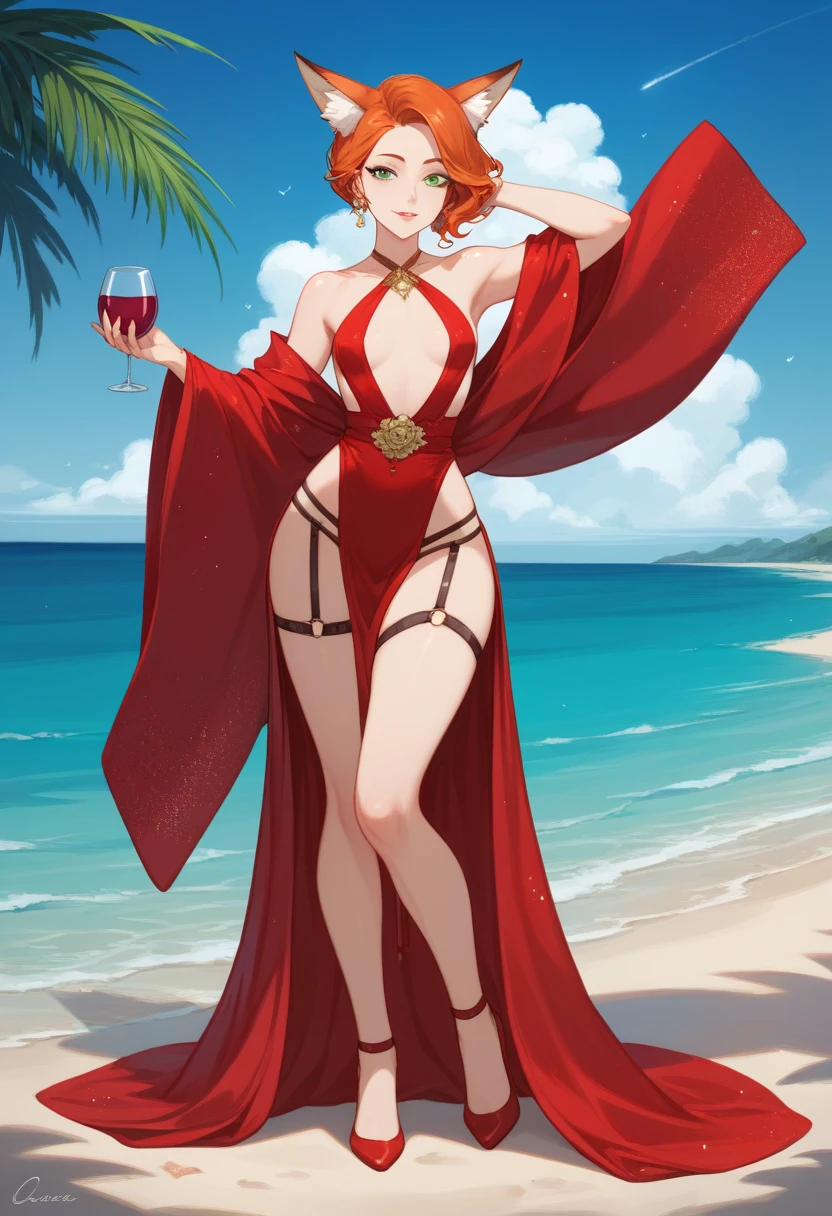 A red haired woman with red eyes with an hourglass figure in a cute one piece swimsuit is holding a tropical flower in her hands at the beach
