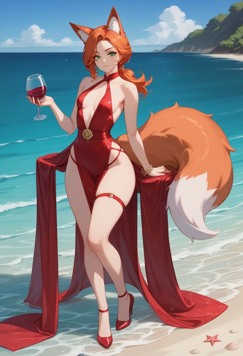 An orange haired woman with copper eyes with an hourglass figure with orange fox ears and an orange fox tail wearing a one piece swimsuit is picnicking at the beach