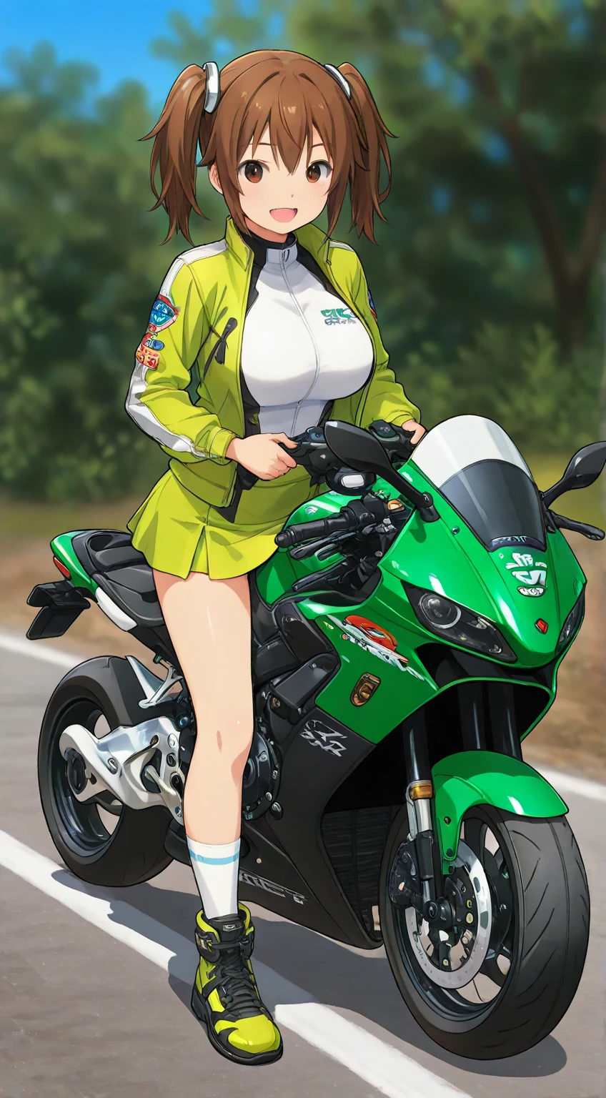 1girl, large breasts, wide hips, thick thighs, green hair, very short hair, short hair, yellow eyes, bikini, black bikini, neon trim, smile, smirk, smug, futuristic, science-fiction, tech, shoes, sneakers, green trim, black clothes, motorcycle, motor vehicle,