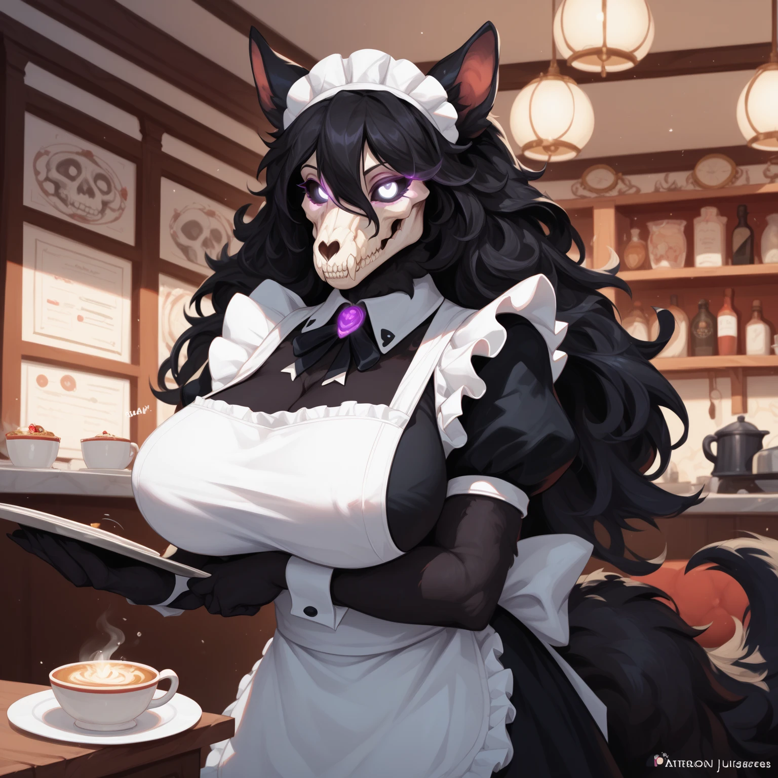 Black wolf girl, using a Apron writed "best cashier", blushing, holding a cup of coffee, behind the cashier, huge breasts, huge thighs, huge butt, anooyed look, looking at viewer