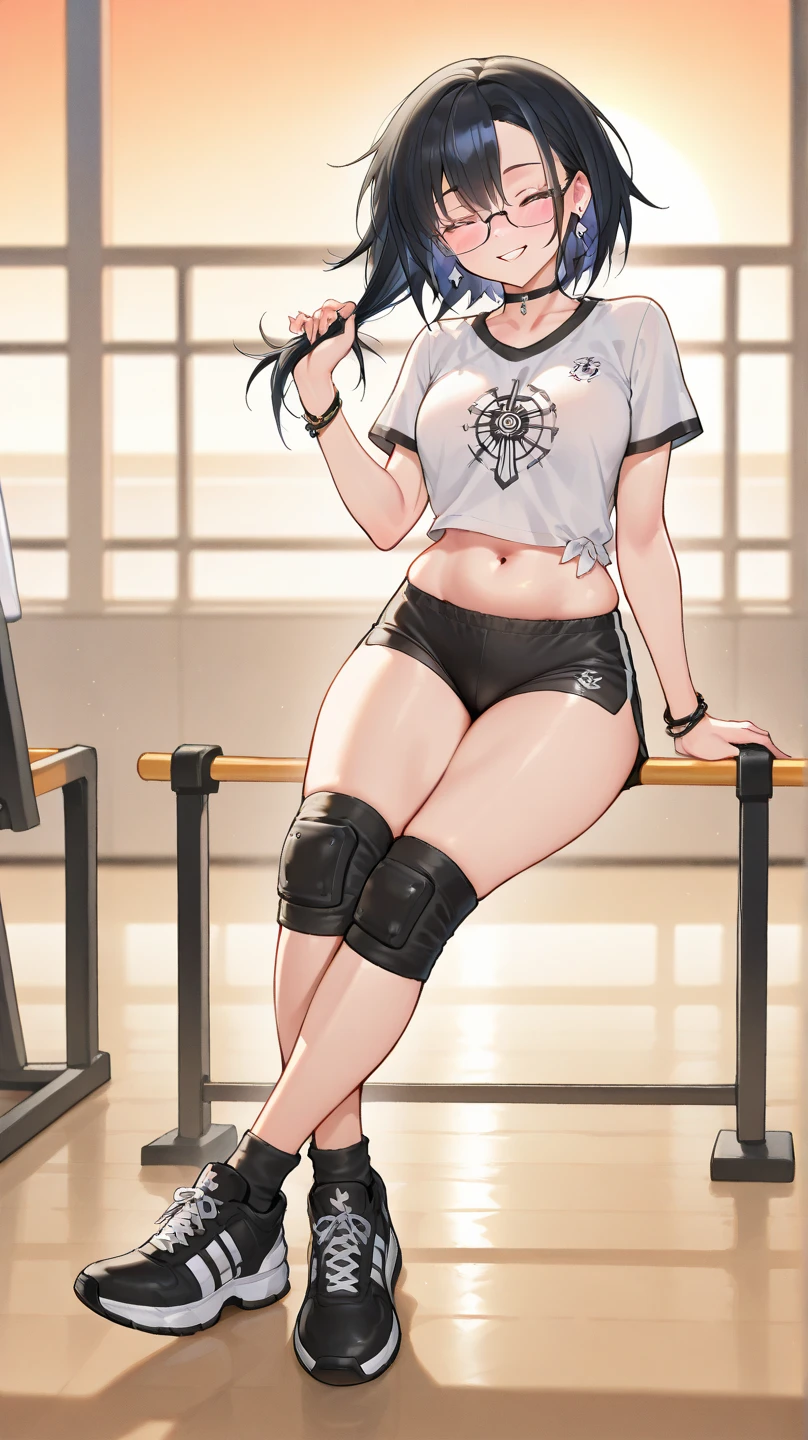 Girl, (Black competitive swimsuit:1.5) , Black Hair , Iris ,(Huge breasts:1.2) , Twin tails , Small stature , (Eating popsicles:1.2) , (grinning:1.2) , Indoor swimming pool ,
