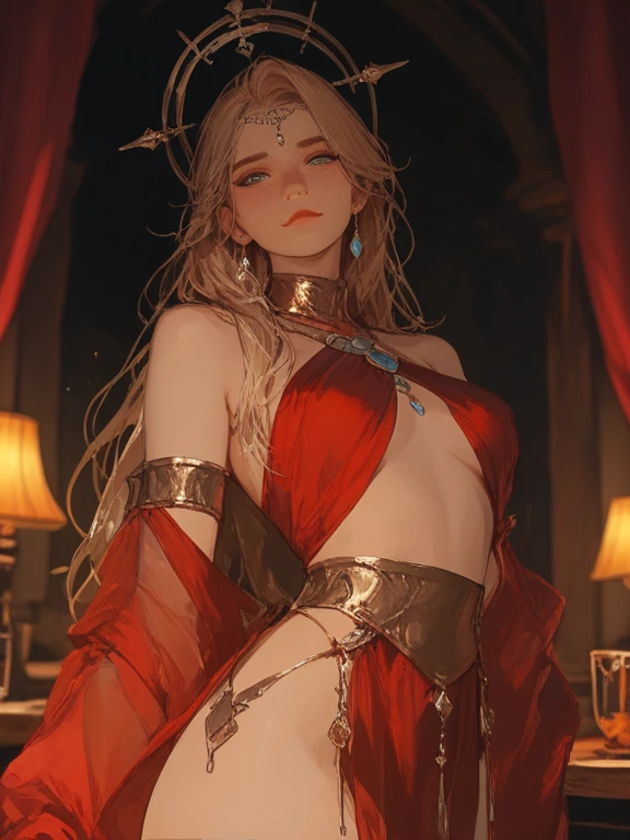 ((highest quality)), ((masterpiece)), (be familiar with:1.4), 3D, beautiful女性の姿,HDR(high dynamic range),ray tracing,NVIDIA RTX,super resolution,unreal 5,scattered below the surface、PBR texture、post-processed、anisotropic filtering、written boundary depth、maximum clarity and sharpness、multilayer texture、Albedo and specular maps、surface coloring、Accurate simulation of light-matter interactions、perfectly proportioned、octane rendering、two color light、Large Diameter、Low ISO、White balance、Rule of thirds、8,000 students、 ((A composition of a princess wearing a beautiful, delicate, Luxurious nightdress with jewels all over the body、A pretty woman wearing a red and black princess-like nightdress with a large slit., studded with beautiful, delicate and gorgeous jewels.))、(very cute beautiful erotic beautiful girl)、 (Very cute Japan woman、very beautiful Japanese woman、famous idol、Japanese woman with a very beautiful face、Japanese woman with a very cute face)、Perfectly proportioned body like a gravure idol、((Dazzling super beautiful super long blonde ponytail))、wavy hair、big breasts、have bangs、E cup、beautiful 22 years old、cute smile、shy smile、full body photo、 (big, beautiful, shining blue eyes、Wet)、((Front view of underwear/panties))、((Composition with crotch wide open、Composition with one leg raised high and underwear panties visible from the front))。((Composition of facial expressions and gestures that seduce men))