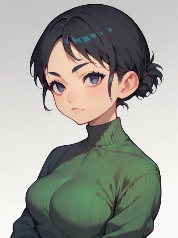 score_9, score_8_up, score_7_up, score_6_up, score_5_up, score_4_up, source_cartoon, rating_safe, by dayo34, 1girl, pale skin, beauty mark under one eye, pout, large eyelashes, green shirt, medium breasts, portrait, torso shot, bob cut, shoulder lenght hair, slicked back from the right side, hair over left eye. dull indigo eyes, scar over right eye
