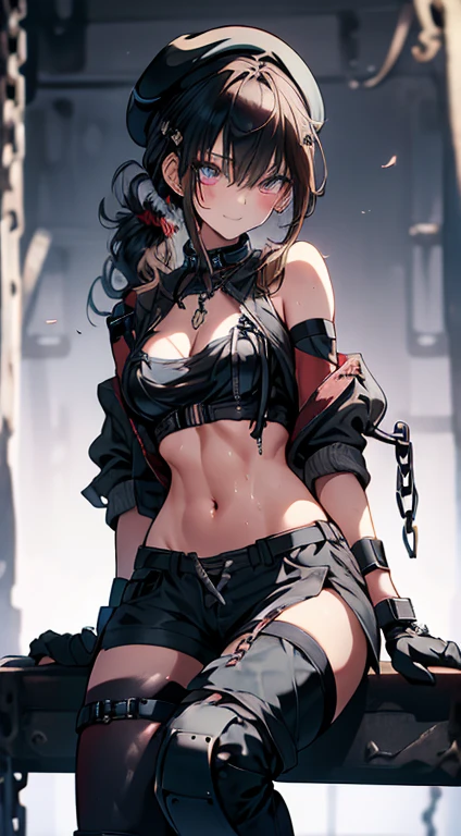 ubel,dark green hair,long hair,side ponytail,hair between eyes,bangs, BREAK (beret, black jacket, open clothes, cleavage, midriff, black shorts, black thighhighs, thigh strap, fingerless gloves, single glove:1.2), Photo,sharpness, F1.6 lens,hyper-realistic textures,spectacular light textures, Cinestil 800 Fashion Mechanics,(((Beautiful woman with left leg restrained and hung by chains))),Appearance,Beautiful girl with accentuated slender abs: 1.1,six-pack abs: 1.1, Bust Botox,Standing on tiptoe, long legs,Long brown hair fluttering in the wind,Brown hair, Long hair, Female Warrior Costume,(No panties,No bra),(tacticul battle fashion,elbow and knee tacticul battle fashion, battle glove: 1.1),((cute batre costume)),The belly comes out and the navel is visible,Thin sheer costume, combat gloves,shredded costumes,cyber long combat boots with golden knee pads,Anatomical,(futuristic sci-fi battle fashion, new elbow and knee cyberpads, new cyberlong boots, new cybergloves: 1.1),(tied perfectly by iron chain), Restraint, Slave, collars, contempt, (Chained), 4 chains hung from heaven, Metallic shackles and fetters, wet crotch clearly visible,((Hands are restrained above the head)), the neck is chained,Chain from left knee to heaven,Chained by rusty iron chains,((the tip is protruding, areolas protruding,The shape of the pubic area is clearly visible:1.2)),Sweating,Wet,Wet crotch,Wet thighs,Junkyard, Realistic, (cute, perfect clothes, skimpy clothes, cute: 1.3) ,Vast miritary base in us,((wide mirtary hospital with summer sunlight)), peeling ceilings, Rebar between, Realistic material details, Extreme details, Ultra-realistic materials,narrow waist,(with sparkling eyes and a contagious smile:0.9),looking at viewer,