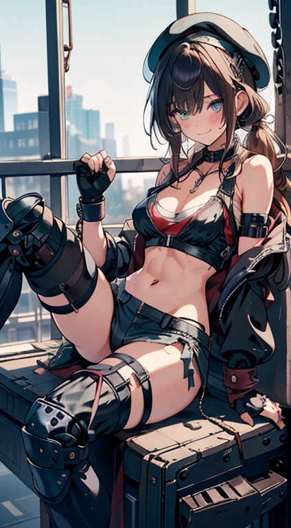 (higher resolution, distinct_image) The best quality, a woman, masterpiece, highly detailed, semi realistic, 26 years old, beautiful, young, handsome, interlaced white blue dress, small gem necklace on neck, exterior, cafe seat, window, sitting, afternoon, blush, smiling,ubel,dark green hair,long hair,side ponytail,hair between eyes,bangs, BREAK (beret, black jacket, open clothes, cleavage, midriff, black shorts, black thighhighs, thigh strap, fingerless gloves, single glove:1.2), Photo,sharpness, F1.6 lens,hyper-realistic textures,spectacular light textures, Cinestil 800 Fashion Mechanics,(((Beautiful woman with left leg restrained and hung by chains))),Appearance,Beautiful girl with accentuated slender abs: 1.1,six-pack abs: 1.1, Bust Botox,Standing on tiptoe, long legs,Long brown hair fluttering in the wind,Brown hair, Long hair, Female Warrior Costume,(No panties,No bra),(tacticul battle fashion,elbow and knee cyberpad, cyberglove: 1.1),((beautiful costume)),The belly comes out and the navel is visible,Thin sheer costume, combat gloves,shredded costumes,cyber long combat boots with golden knee pads,Anatomical,(futuristic sci-fi battle fashion, new elbow and knee cyberpads, new cyberlong boots, new cybergloves: 1.1),((straddling the gundom shields and battle rifel)),(tied perfectly by iron chain), Restraint, Slave, collars, contempt, (Chained), 4 chains hung from heaven, Metallic shackles and fetters, wet crotch clearly visible,((Hands are restrained above the head)), the neck is chained,Chain from left knee to heaven,Chained by rusty iron chains,((the tip is protruding, areolas protruding,The shape of the pubic area is clearly visible)),Sweating,Wet,Wet crotch,Wet thighs,bloods,Junkyard, Realistic, (cute, perfect clothes, skimpy clothes, cute: 1.3) ,Vast prison,((wide hospital with sunlight)), peeling ceilings, Rebar between, Realistic material details, Extreme details, Ultra-realistic materials,narrow waist,(with sparkling eyes and a contagious smile),looking