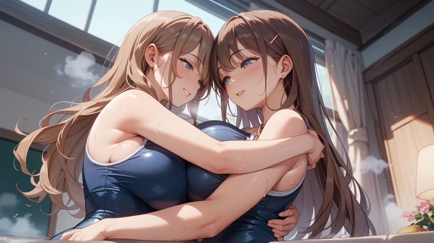 Lesbian (with a very tight school suit), big breasts, big thighs,that he has a very sexy physique,que se bese con su novia que tenga big breasts, big thighs,very sexy body (naked)that they are kissing in the gym,lesbian love