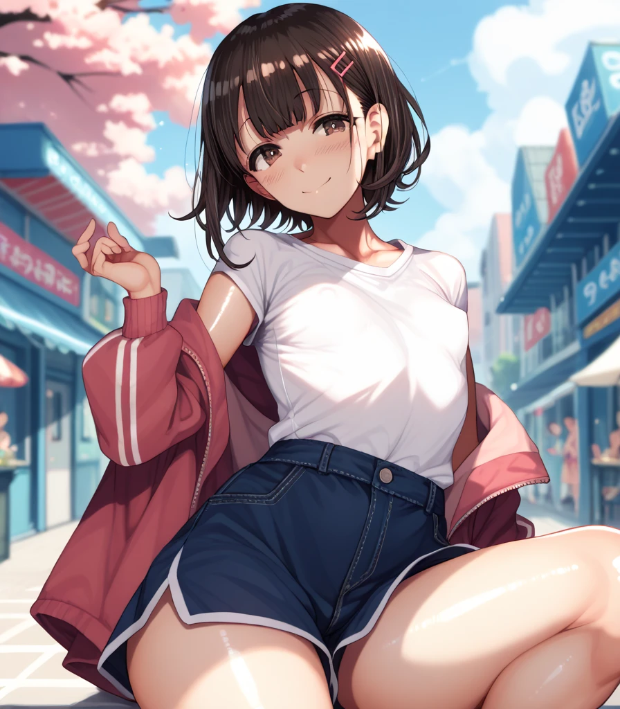 siesta,1girl, short hair, bangs, blue eyes, hair ornament, brown hair, smile, pink shirt, short shirt, short sleeves, short skirt, black skirt , uniform Japanese, full body, shoes, outdoors, cityscape, looking at viewer, lift skirt, show underwear, show from down to up, wear bikini