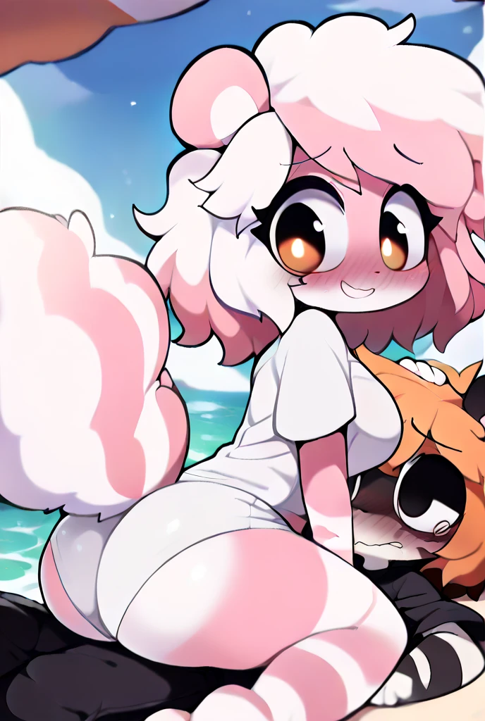 Sunni Gummi, bear, anthro, girl, young, blue eyes, detailed body fur, looking at you, red nose, clear yellow body fur, small breasts, clear pink hair, detailed face, detailed eyes, detailed body, perfect lighting, perfect shadows, perfect eyes, perfect hair, perfect face, gorgeous body, detailed hands, glistering body, shiny body, spectacular effect, ((pink sports bra)), beach, clear sky, straddle view, down angle, sexy pose, (small penis), testicles , cum covered, (penis masturbating), orgasm face, orgasm, (anal sex), ((panties around leg)), ((pink cotton panties))