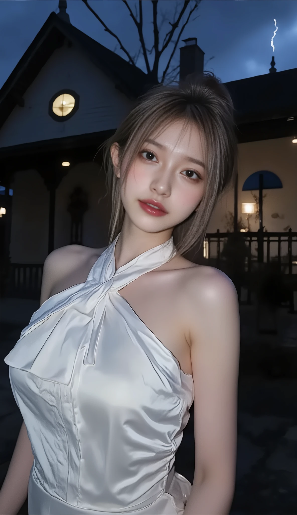((I'm drawing a Korean pop idol girl。),(full body shot with mahiru),((99 cm G cup big breasts)),((old Western-style building,thunder,A night that looks like a ghost)),((I'm drawing a sleeveless silk dress with a white color all over the body {x})),(thunderの明りがあなたを照らす),(smile),(beautiful Korean idol makeup,beautiful lips,dark eyeshadow,long lashes),shiny skin staring at the camera, Show view , beautiful hair, Pure Eyes , (Super Long Straight Hair,Beautiful hair with point colors),(8k, Highest Quality , masterpiece:1.2, very detailed on trends),( anatomically correct, Ultra Detailed Skin ,Refers to 5 books )