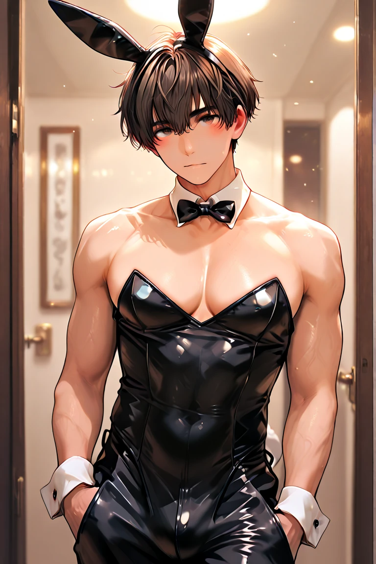 (masterpiece, Best Quality),The whole body of boy,(e boy),teenager face,Body tilt,delicate big eyes,Open your eyes,,smooth and delicate skin,Short square face,Surprised expression,infancy,young age,short round face,Flat chin,finely detaild face,well-muscled,short bright black hair,with an intricate,nakeness,(backbone:1.2),the night,vivd colour,(depth of fields:1.2),Raised sexy, leather cuffs, unzipping black thong, black bow tie, youthful, love hotel, night time, romantic