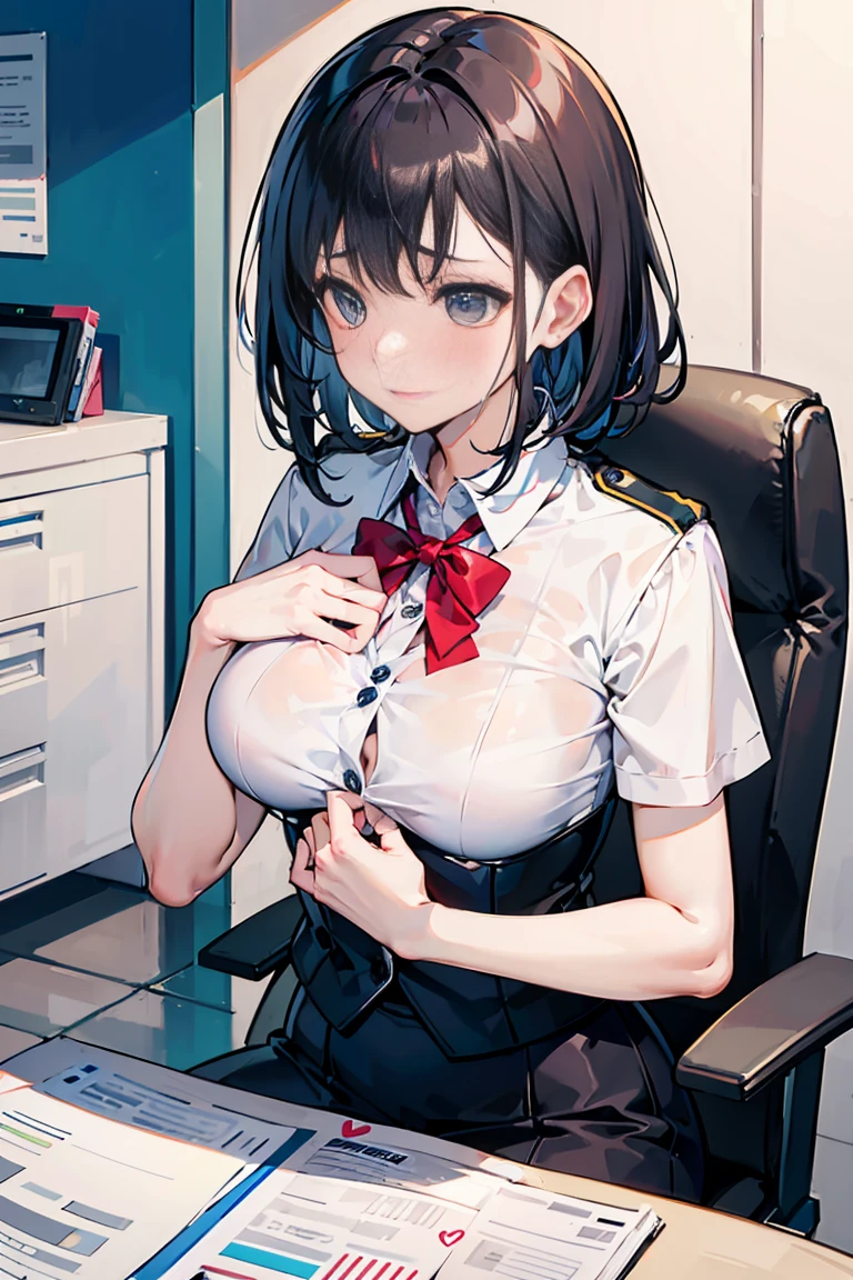 (Highest quality:1.5)、(masterpiece)、(8k:1.5)、Very detailed、Realistic、(One girl)、(Looking at me with a smile:1.5)、whole body、(Black Hair)、Short Hair、Small face、(Slender:1.2)、(:1.2)、(White business shirt with buttons andollar:1.2)、(short tightt in gray,:1.2)、(Grey business jacket:1.2)、office、(Sit on a chair and spread your legs wide:1.2)、(Lifting her skirt to show her vagina:1.2)、(Angle flow:1.2)