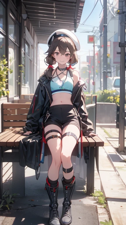 absurdres, RAW photo, extremely delicate and beautiful, masterpiece, Best Quality, ultra high resolution, 32k, hyperrealistic, ultra-detailed, delicate facial features, beautiful detailed woman, tearful mole, earring, medium breasts, full body shot, medium hair, black hair, tracksuit, shorts, navel,