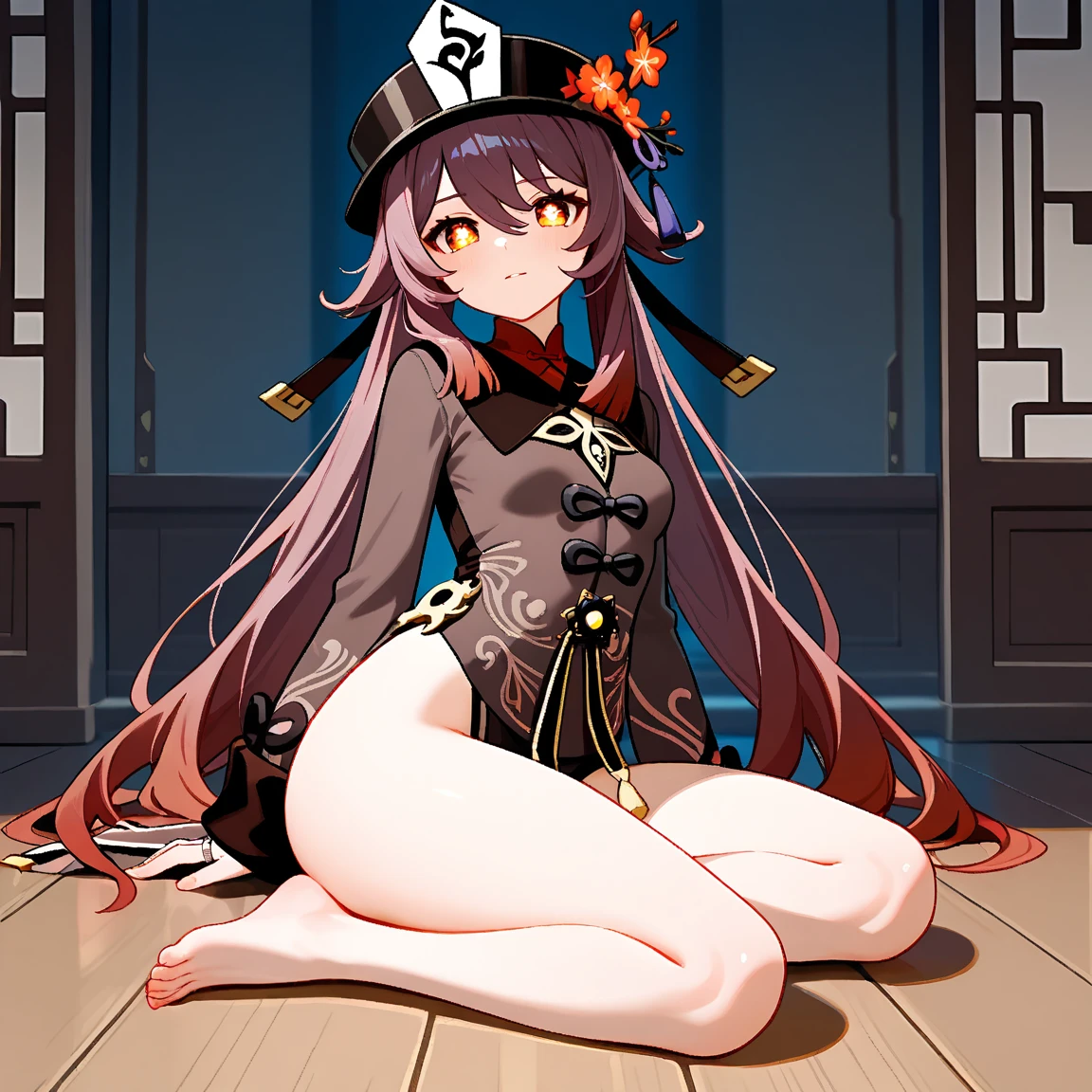 anime artwork, score_9, score_8_up, score_7_up, score_6_up, score_5_up, score_4_up, hu tao, she is 24 years old, style_3, gray background, , , , , _, smile, sit, melon between thighs, solo, bikini