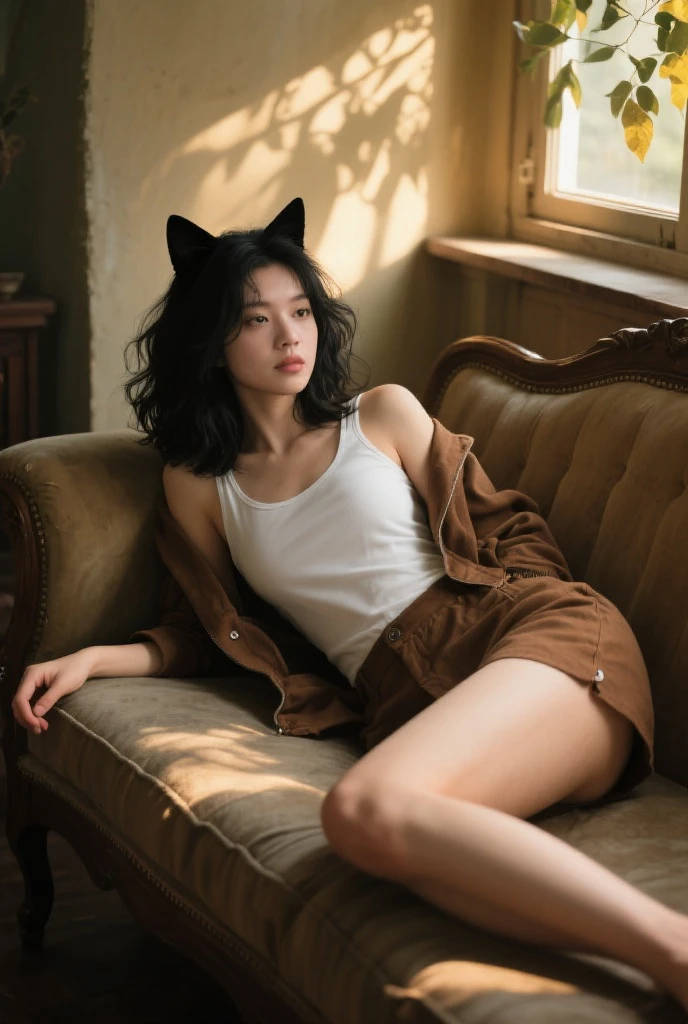 ((Highest quality, 32k)), ((masterpiece)), (Familiar), Perfect Face,  pretty girl, She is sitting on a sofa in a cafe in the city., She is relaxing and drinking tea, She has a bushy tail on her butt, (She has a raccoon&#39;s tail.:1.5),She has a fluffy tail, Beautiful hip line, Small breasts, She is wearing a neat blouse and pleated skirt., A bushy tail is visible from under her skirt,, Slender body,  Her tail sticks out from under her skirt, (A single raccoon tail protrudes from the inside of her skirt.:1.4), The base of her tail is hidden under her skirt., She is gently stroking her tail