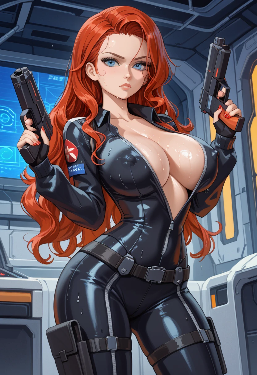 score_9, score_8_up, score_7_up, score_6_up, chong, ginger hair, large breasts, latex, st4rtr3k, dress,blue, star trek, gun,
