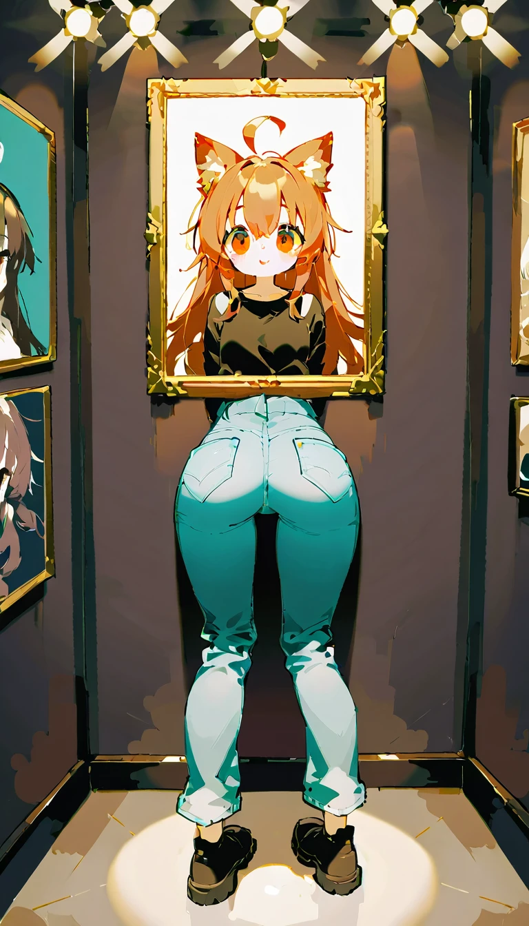 1girls, natural lighting, masterpiece, highly detailed, illustration, game CG, absurdres, high quality, beautiful detailed eyes, glossy lips, natural lighting, medium breasts, redhead, ponytail, bangs, green eyes, freckles, ass view, picture in a frame, (glory wall pose:1.4), ballerina, tutu, pantyhose, collarbone