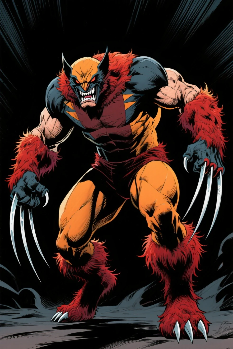 wolverine,deadpool,comic book illustration,steel claws,blood stains,adamantium skeleton,heroic pose,masked faces,red and black costumes,intense fighting scene,fast-paced action,dynamic composition,(best quality,4k,8k,highres,masterpiece:1.2),ultra-detailed,realistic:1.37,HDR,studio lighting,vivid colors,bokeh,comic book style,high contrast,gritty atmosphere,strong shadows,dramatic lighting