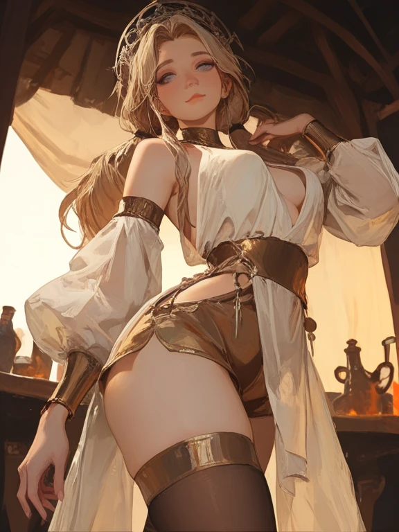((Finest quality)),(超A high resolution),(ultra-detailliert),(Meticulous portrayal),((Best Anime)),(Finest works of art),(Ultra-Precision Art),(The art of astounding depiction,Overwhelming depiction:1.5),(intricate and detailed art:1.6), NSFW, small breasts, prominent collarbones, skinny arms, flat stomach, visible hip bones, long hair, red hair, white hair, blonde hair, dark hair, ponytail, thick ponytail, heavy ponytail, red and white clothing, Bloodborne inspired, occult aesthetic, occult, detailed and intricate steampunk and detailed gothic, NSFW Fluttering lace frilly petticoats, pleated petticoats