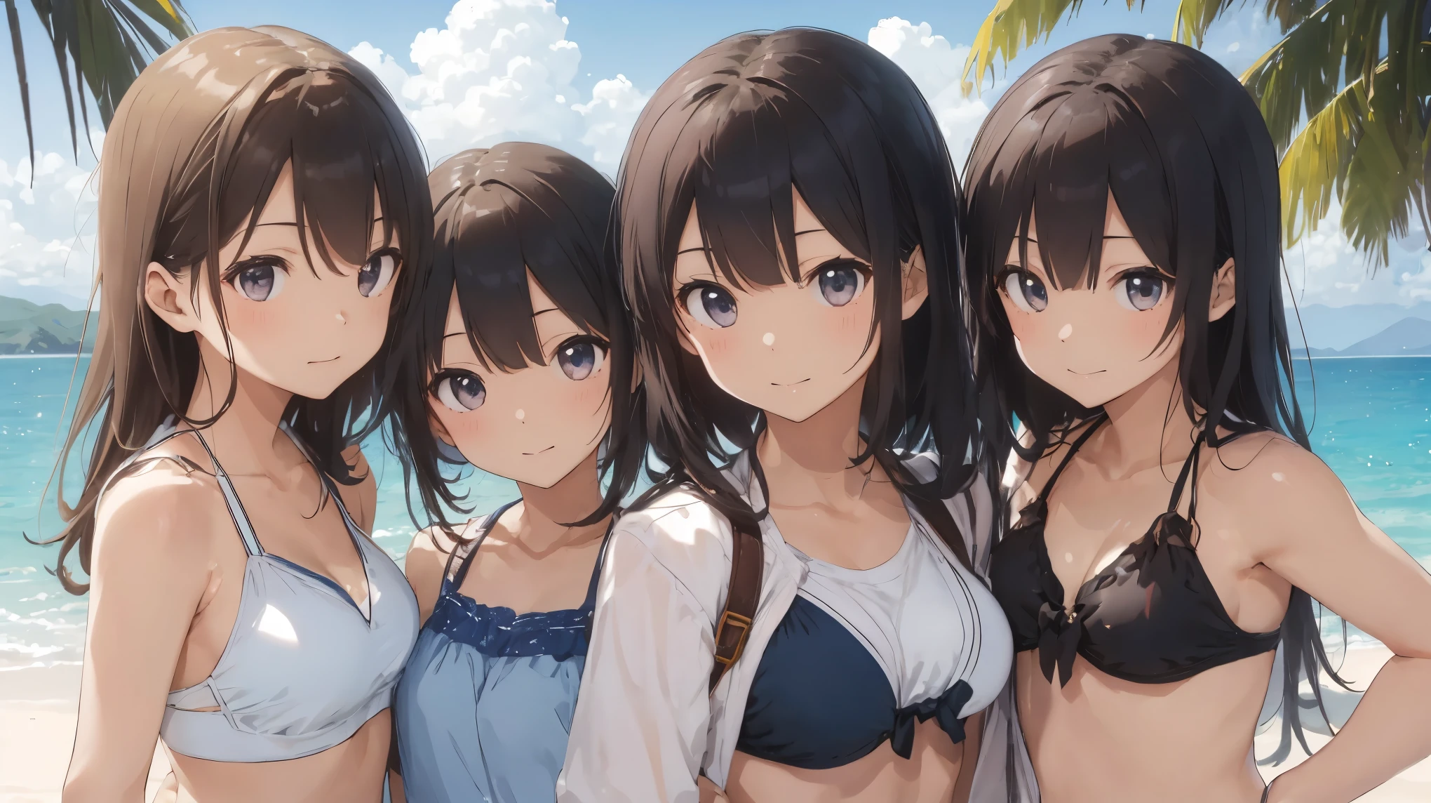 (5girls:1.1),side by side,beach,sunset,from below,swimsuit,bikini,standing,(height difference:1.3), mother and daughter, sisters,