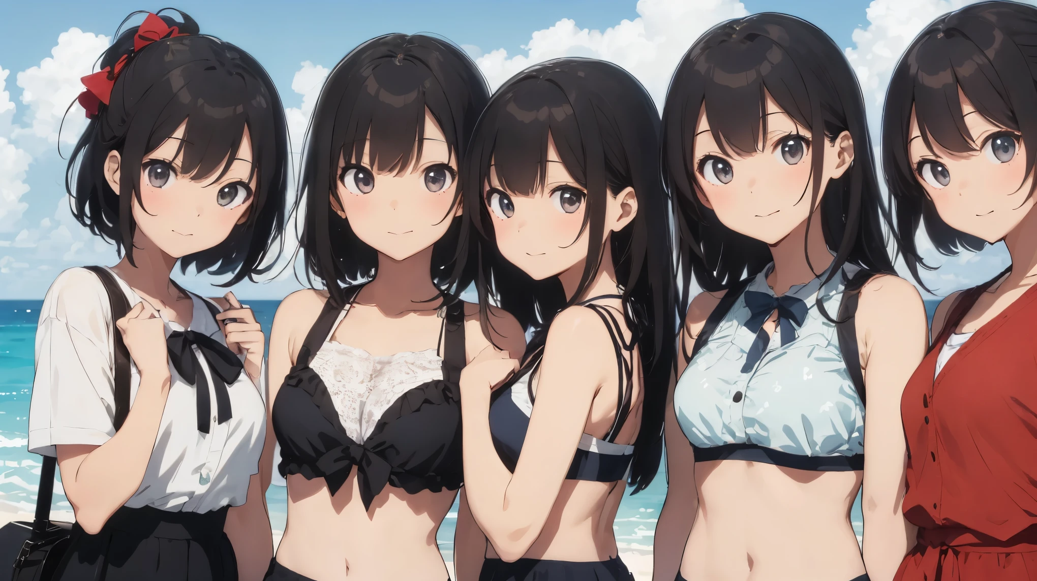high resolution。High resolution、Low - Angle、masterpiece、Beautiful black-haired girls、cute、Micro Bikini、Bikini Swimwear、Girls huddling together、A girl with long hair and a girl with short hair、Dark Eyes、Bright smile、White teeth、Black shiny hair、color々Pause、Wet black hair、Your body is wet、Seaside。sweating、high resolution8K