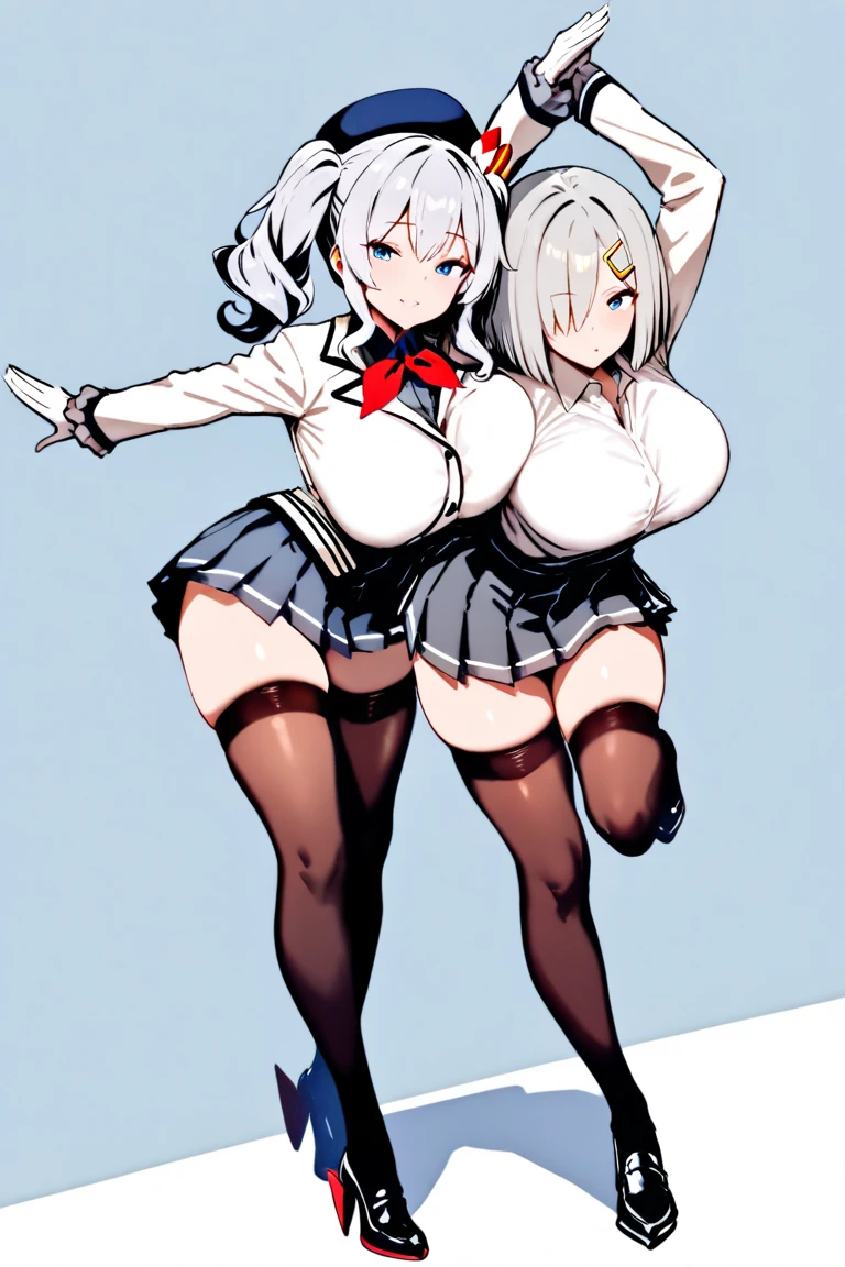 Two female Japanese classmates, groping and kissing each other. One will have their black panties around her thighs with her skirt pulled up. The other will be wearing red underwear which can be seen through her clothing. They should both be of build. One has big the other has small