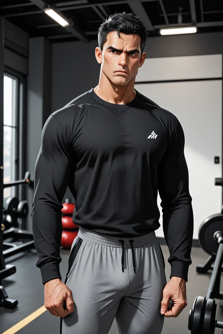 masterpiece, best quality, high resolution, realistic, handsome, photogenic, syahnk, SFW, a photo of a 35 year old gym frat (man:1.2) portrait, standing in a gym , doing military press, weights, stunning , short buzzcut hair,stubble head , (hypermuscle),looking at the viewer, flirting with the camera, charming, (tight white gym shirt ),(GS-Masculine:1), 8K UHD