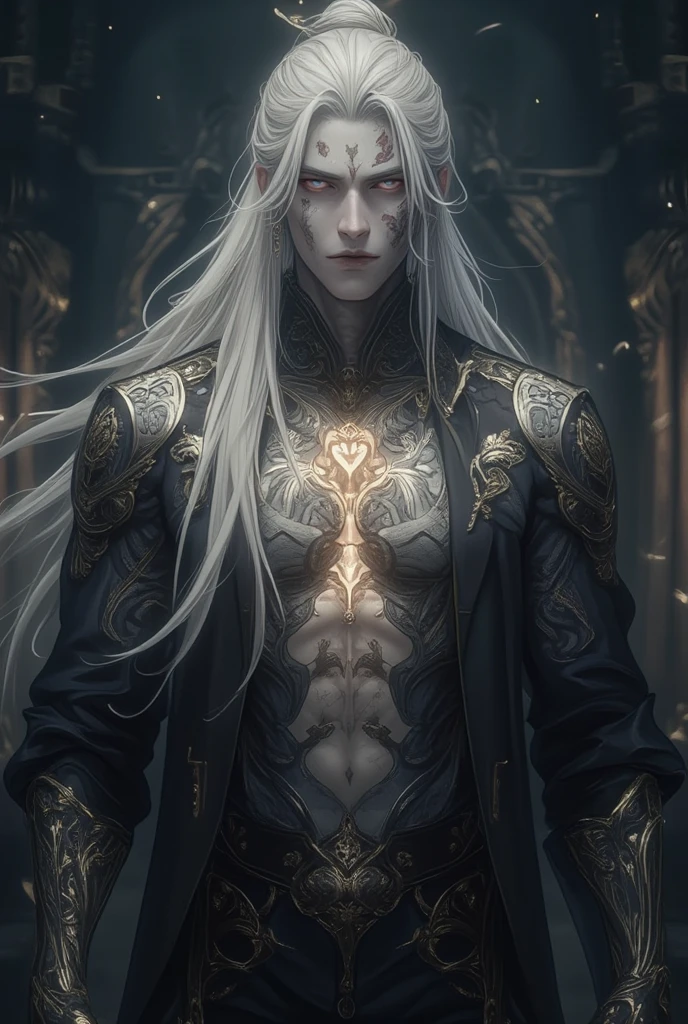 Insanely detailed photograph of a gorgeous vampire alien man, Renaissance, long white hair, intricate white eyes, fantastical, ethereal, hyperdetailed, 32k resolution, dynamic lighting, covered navel, hyper detailed, intricately detailed, trending on Artstation, white luxury suit, volumetric lighting, BalenciagaStyle