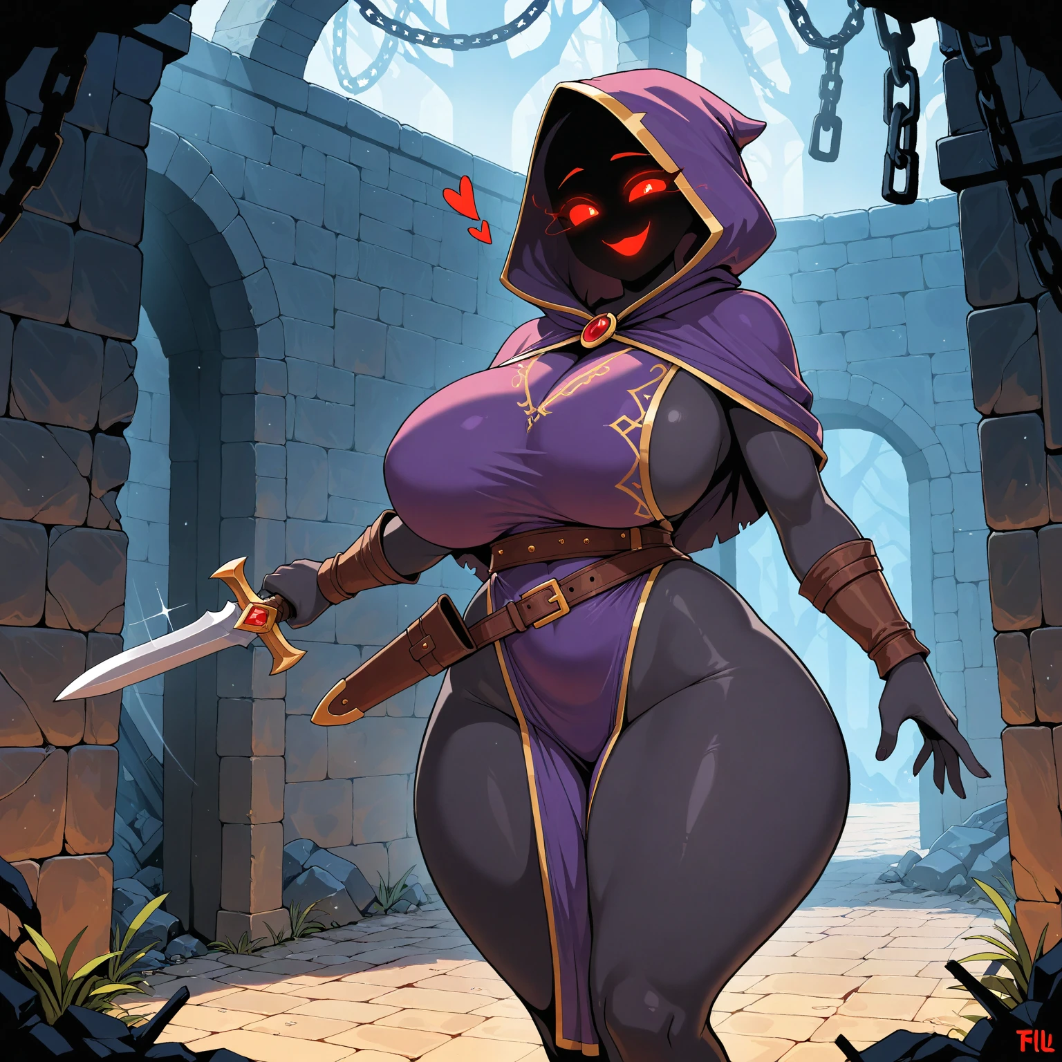 Solo ((((Massive Female Bodybuilder:1.1)))), female, brown wizard robes, hood, glasses, dark skin, red eyes, deadpan expression, (((thick lips, big lips))), looking at viewer, standing, dramatic lighting, dungeon, (((huge breasts))), underboob, pants, (NSFW)