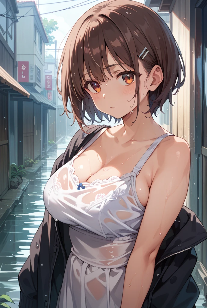 ((Best quality, 8k, Masterpiece: 1.3)), Sharp focus: 1.2, A beautiful woman with perfect body: 1.4, Slim abdomen: 1.2, ((Layered haircut, Large breasts: 1.2)), (no bra), (beautiful hard nipples) (Thin and damp button up to shirt length: 1.1), (White shirt wet by rain with wide open chest), (Rain, Street: 1.2), Wet body: 1.1, Highly detailed face and skin texture, ((ultra-quality)), (After rape:1.3), (Bukkake:1.3), (in 8K), ultla highres, Hyper Detailed, High contrast, Ultrafine Strike, creative refinement, absurdres, Realistic, extremely detailed CG unified 8k wallpaper, Highly detailed, High-definition raw color photos, professional photograpy, Realistic portrait, Cinematic Light, Beautiful detailed, 20 years old woman, (realistic skin:1.5), (shiny skin), (oily skin), (Best Quality:1.4), Super Detail, High quality, ​master piece, lifelike, (After SEX), Bukkake, Perfect face, Silly, (arms behind back:1.5), (cum on chest:1.3), (Bukkake:1.3), (cum on body:1.3), (Sharp Focus), (upper body), (close up), Delicate Beautiful Hair and Eyes and Face, Delicate eyes, radiant eyes, Lifelike, Hyper-detailing, (colossal tits:1.8), (Big breasts:1.8), (Beautiful breasts:1.5), (nude upper body:1.3), (arms behind back), (arms are down), Beautiful cute woman, camel-toe details, NSFW, slim body, wet clothes, wet body,, (Silver dress, Red dress, Blue dress), Short hair, Hair ribbon, Bob cut, Red hair ribbon,)
