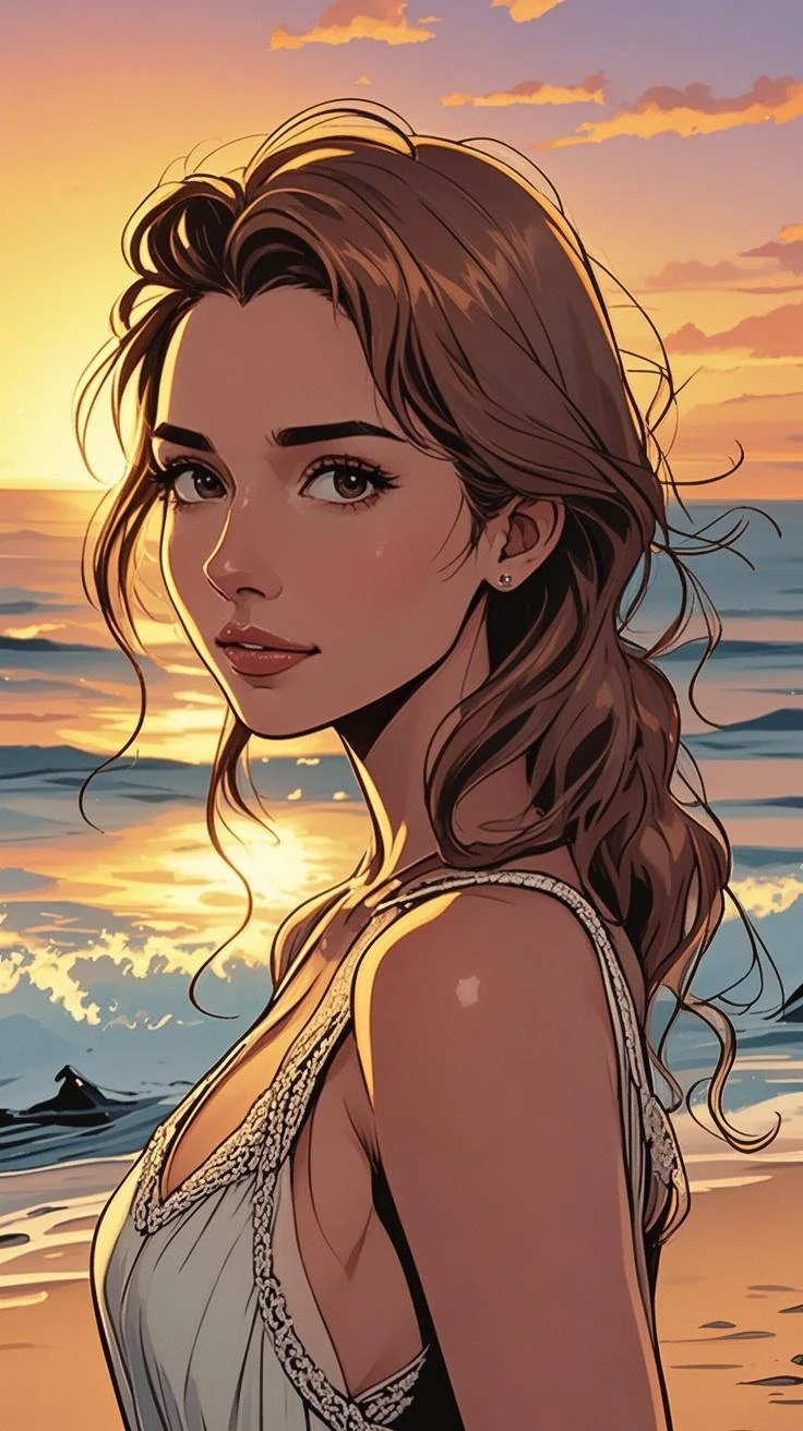 masterpiece,best quality,amazing quality,very aesthetic,absurdres,newest,detailed eyes, Warm Colors, romantic,
woman, face, portrait, looking at viewer, ruffled-blouse,bare midriff, highwaist bikini bottom, long hair, thin hair, middleparted hair,
long hair,
face focus, upper body view, dynamic angle, 
black background, halftone background, hearts, (palm:1.2), beach, green accent