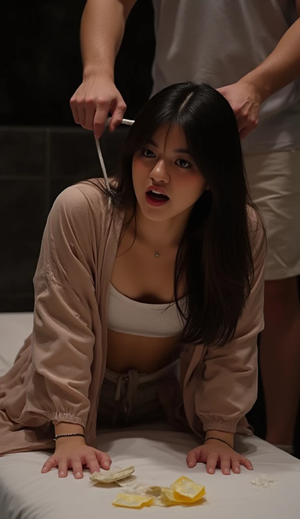 There's a girl tying him up 10 People are fucking her and the girl is crying