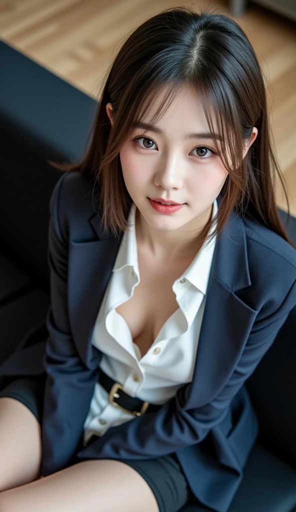 (professional portrait、professional writing)、highest quality, (anatomically correct arm:1.3), Detailed workmanship、(high resolution:1.1)、(8K, High resolution:1.2)、(RAW photo, photorealistic:1.3)、slender body shape、high definition face、(Face is in focus、high definition eyes)、(Focused, symmetrical pupils:1.2)、High-definition and beautiful skin、firm skin、natural makeup、gross lip, High-definition hair texture, japanese woman, 18-year-old、cabin attendant, Stewardess break (japan air line uniform) break uniform front open, (On the floor of an airplane:1.1)、(I put my hands on my chest:1.3), (afraid:1.2)、(She is glaring at the camera with her eyes looking up.:1.3), color々Easy shooting angle:1.3, small breast, cleavage, very embarrassed, blush
