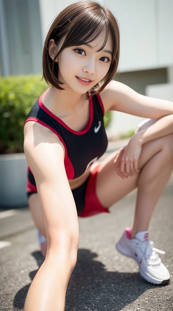 masutepiece, Best Quality, 8K, 10yaers old, Teen, Raw photo, absurderes, award winning portrait, Smile, Smile, Solo, Night, neons, Idol face, violaceaess, gardeniass, Delicate girl, full body Esbian, Digital SLR, Looking at Viewer, Candid, Sophisticated, zora々Right, Thin arms, Professional Lighting, Film grain, chromatic abberation, (Eyes and faces with detailed:1.0), (Bokeh),(Underwear),Sports Socks、(Crouching:1.2)、sports wear、Two arms、short-hair:1.3、Hands on knees、The crotch is visible、up chest