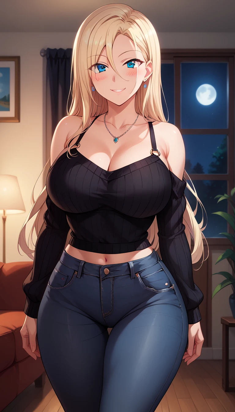 Beautiful woman，Have a perfect body：1.4，Prominent cleavage，Layered Hairstyle，Highly detailed face and skin texture，Double eyelids，Skin Whitening，Curtain Bangs，Whitening long legs，blonde Hair，hips up, night, white shirt, black jean