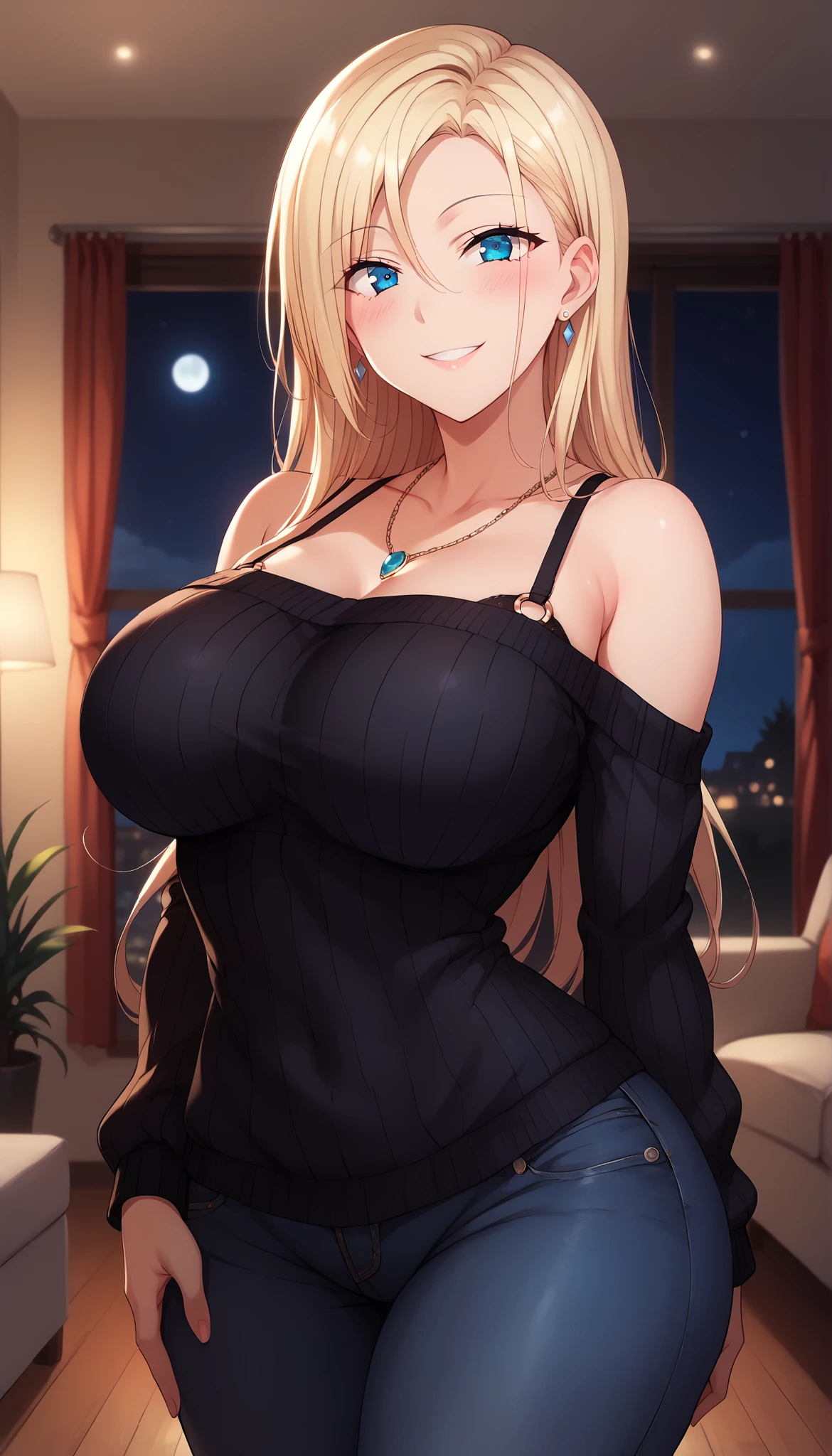 Kurashiki Erika,
最high quality, masterpiece, Very detailed, high quality, high resolution, A girl, Blonde hair, Long hair, hair between eyes (right), Solo, blue eyes, earrings, beautiful, beautiful and perfect face, smile, blush, Naughty, View your audience, Bare shoulders, collarbone, Big Breasts, Big Ass, Standing, at living room, night, moon, from the front, cowboy shot, thick thighs,black sweater, denim jeans, sweater, eyes visible through hair, symmetrical body, o-ring necklace, wide hips, black bra (under clothing),