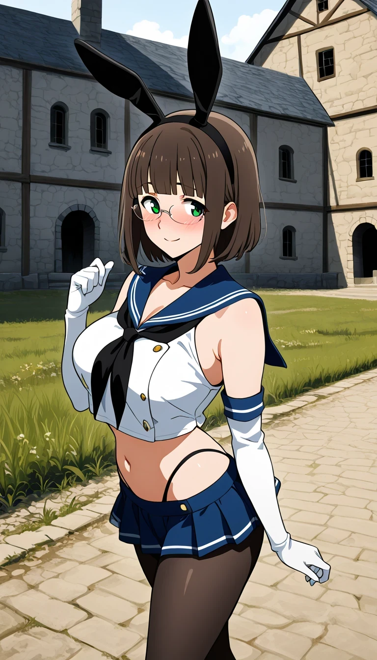 score_9, score_8_up, score_7_up, source_Anime Top Quality、8k、masterpiece、natural light、high accuracy、Perfect Anatomy、One woman、Mature Woman、medium chest、saggy breasts:1.5, short hair, dark brown hair, blunt bangs, green eyes, rimless eyewear,( Happy Expression 、blush、look away、The highlight in my eyes)、shimakazecosplay, highleg panties, black neckerchief, microskirt, pantyhose, highleg, black panties, elbow gloves, thong, blue sailor collar, white gloves, crop top, sailor collar, blue skirt, black hairband, bunny ears, ((medieval European landscape))