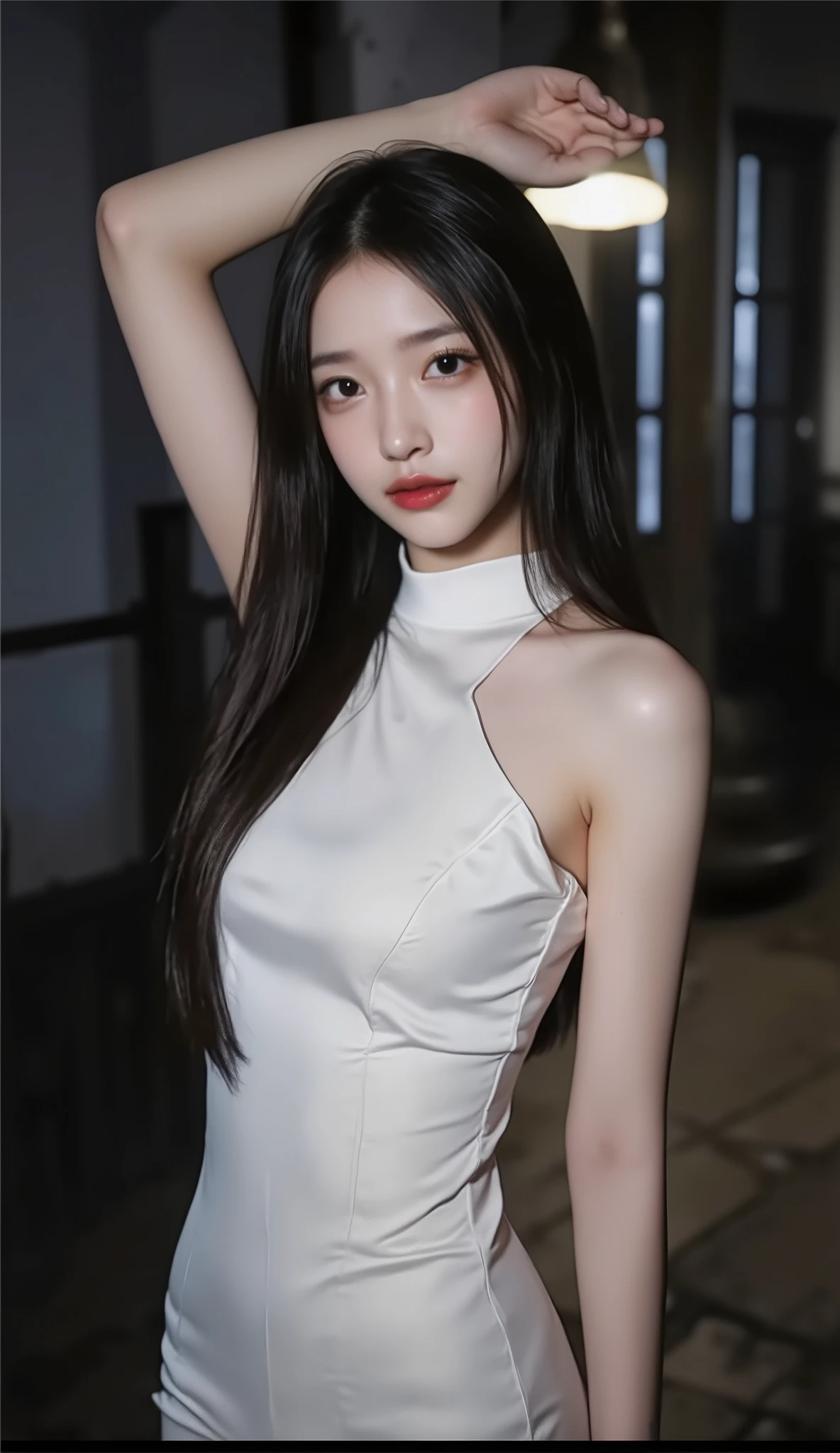 A Chinese woman on off-white wall background, fluffy hair, delicate face, realistic, real, large aperture, wearing black pantyhose, white dress, slim, cute, bare shoulder,