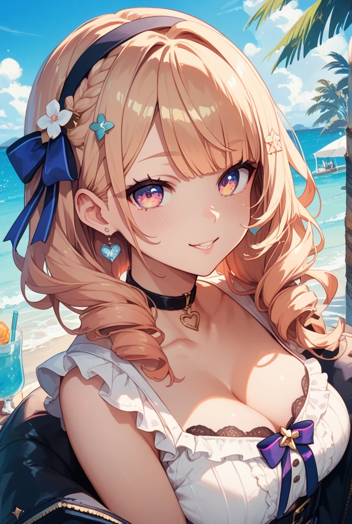 a 23yo girl, (kawaii,cute:1.1),(detailed beautiful face:1.3),(detailed beautiful brown eyes),big tits, cleavage,Beautiful lighting,face light、(Close-up light on chest:1.3)、(summer Beach :1.2)、(random bikini:1.3),cute face、young face、small nose、(with sparkling eyes and a contagious smile),bronde hair、fine hair,hair spreading in the wind、hair is shiny、masterpiece, highest quality, Super detailed, High resolution, Detail view, very beautiful detailed face and eyes, bright colors, cute face, delicate beautiful face, Bright magenta eyes, cute eyes, sparkling eyes, Big eyes, (big breasts:1.3), (perky chest:1.1), (pointed chest:1.1), medium hips, glamorous body, white skin, smile, thin pubric hair, shiny hair, off underware ,small cute ribbon, Real World, Natural light,perfect Natural light、looking at viewer,