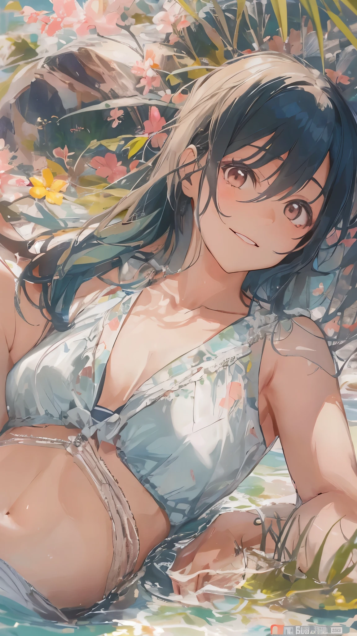 (masterpiece, best quality:1.1),
popart style,flat color,enjoy trip,(japanese girl,,beautiful detailed face,(darkblue hair-color,wavy-short hair),parallel eyebrows,blunt bangs,small breasts),okinawa beach,flower pattern bikini,flip flops,craw pose,very happy,smile,beautiful lighting,dynamic angle,depth of field,photographic portrait, sharp,